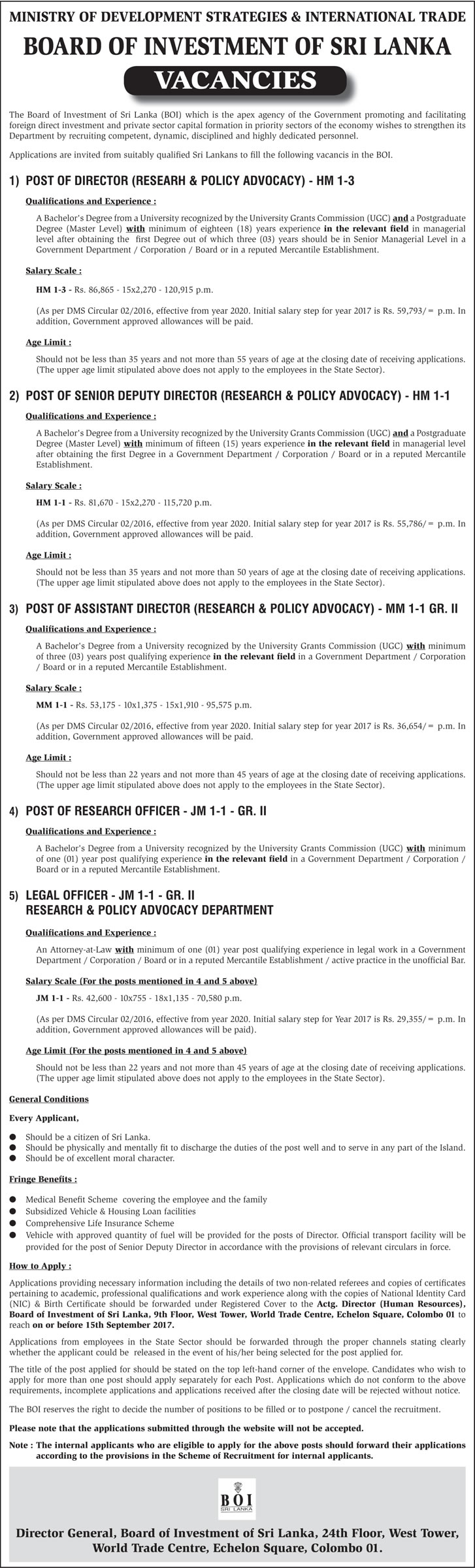 Director, Senior Deputy Director, Assistant Director, Research Officer, Legal Officer - Board of Investment of Sri Lanka